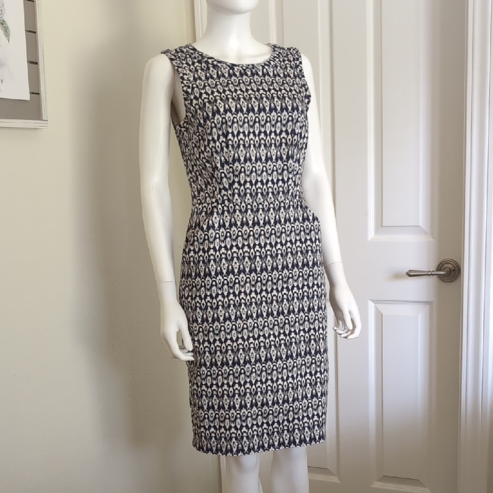 Jacqui E Navy Blue White Sheath Dress Lined Cotton/Elastane  Pockets Sz12 AU EUC